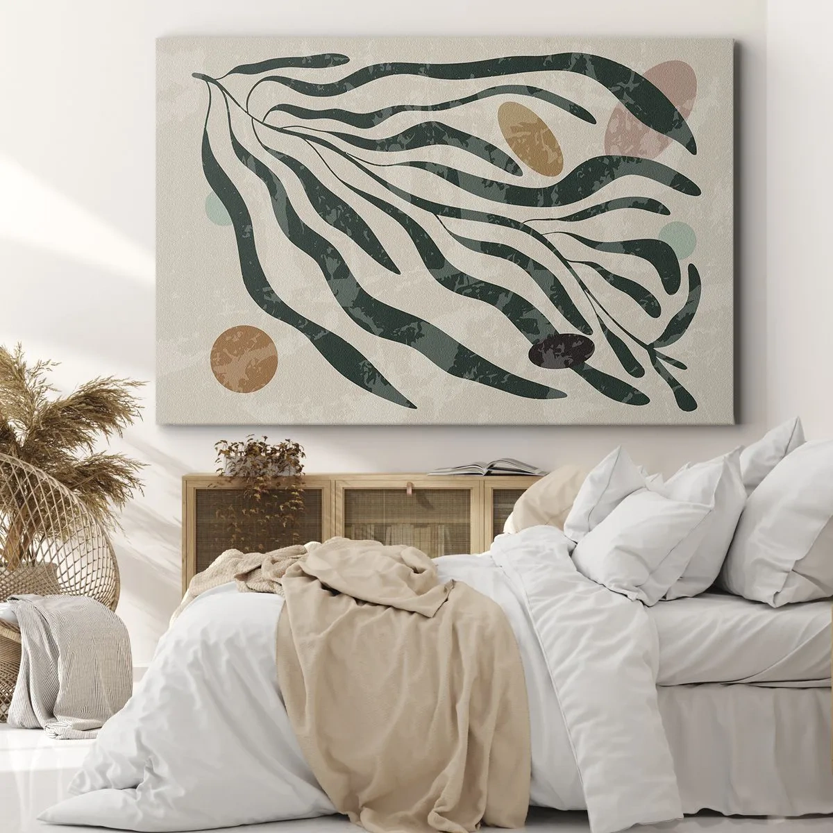 Obraz na plátne - Organické línie a tvary v zelenej a béžovej farbe - 70x50cm - Uprostred zelene - Moderná nástenná dekorácia do obývacej izby a spálne ARTTOR