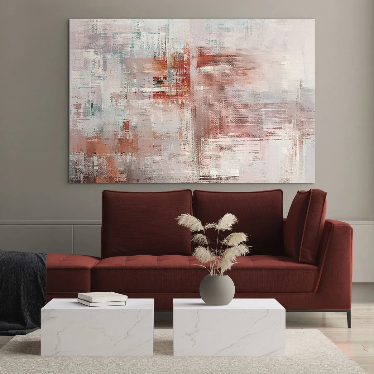 Obraz na skle - Abstraktná kompozícia v odtieňoch červenej a béžovej. - 70x50cm - Zahmlené. Ale ružové - Moderná nástenná dekorácia do obývacej izby a spálne ARTTOR