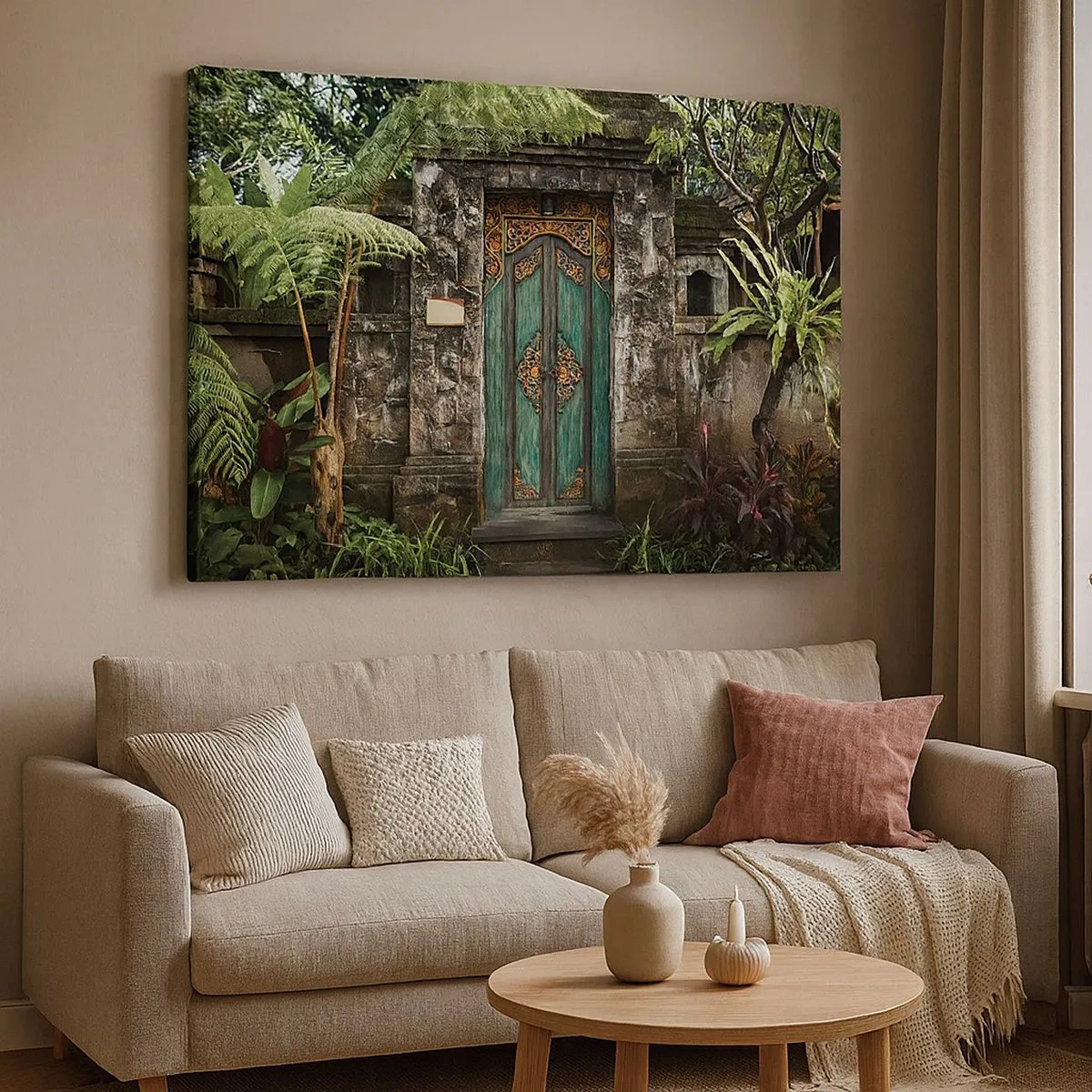 Obraz na plátne - Dekoratívne dvere obklopené tropickou vegetáciou - 70x50cm - Dvere do exotického sveta - Moderná nástenná dekorácia do obývacej izby a spálne ARTTOR