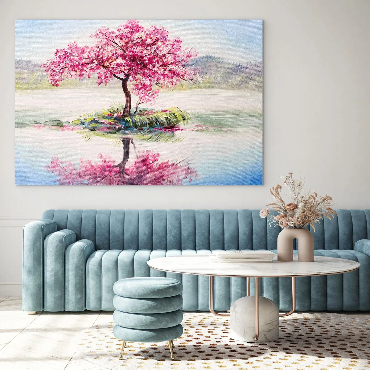 Obraz na skle - Ružový strom na ostrove odrážajúci sa v pokojnej vode - 70x50cm - Sviatok jari - Moderná nástenná dekorácia do obývacej izby a spálne ARTTOR