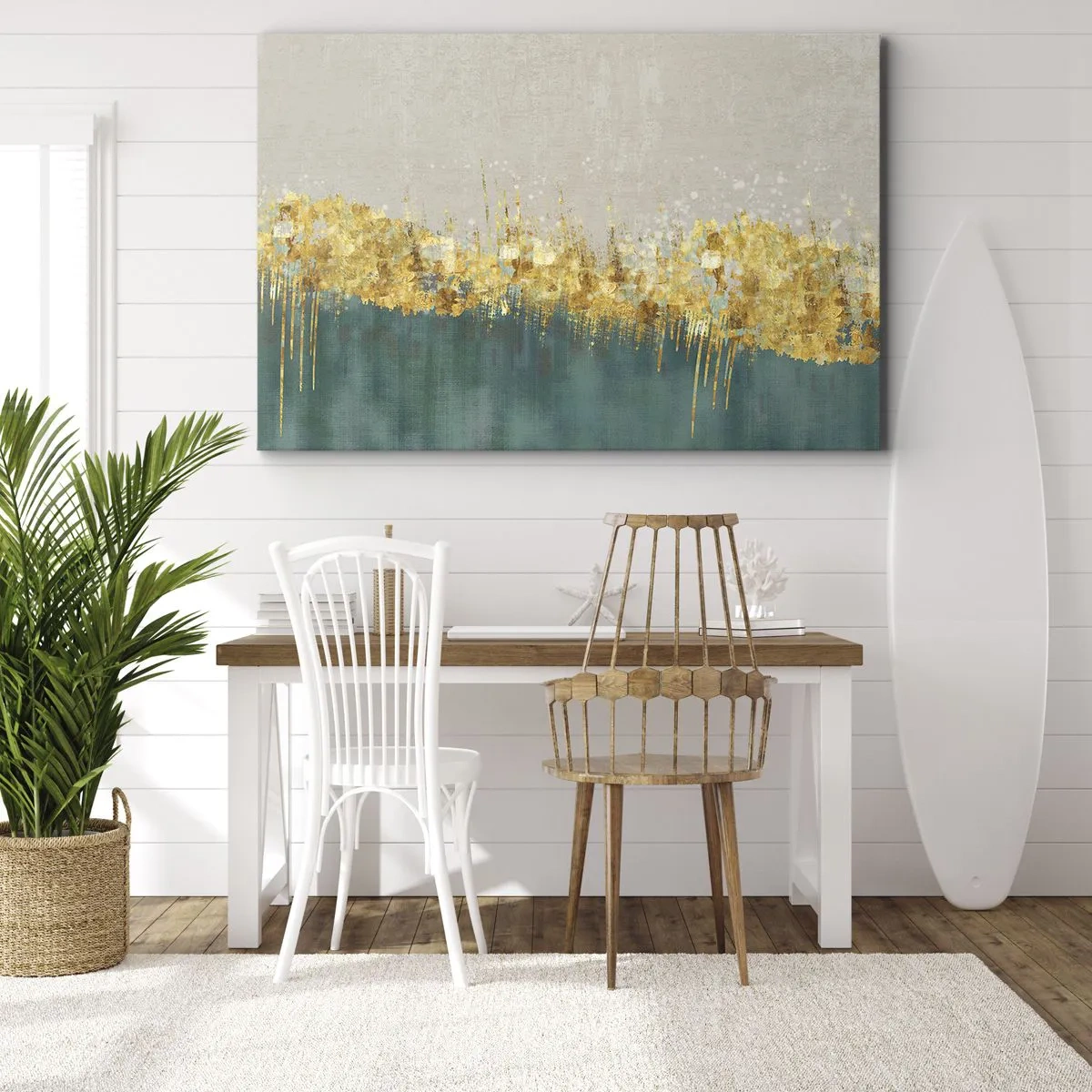 Obraz na plátne - Zlaté akcenty na zeleno-béžovom pozadí - 70x50cm - Zlatá hranica - Moderná nástenná dekorácia do obývacej izby a spálne ARTTOR