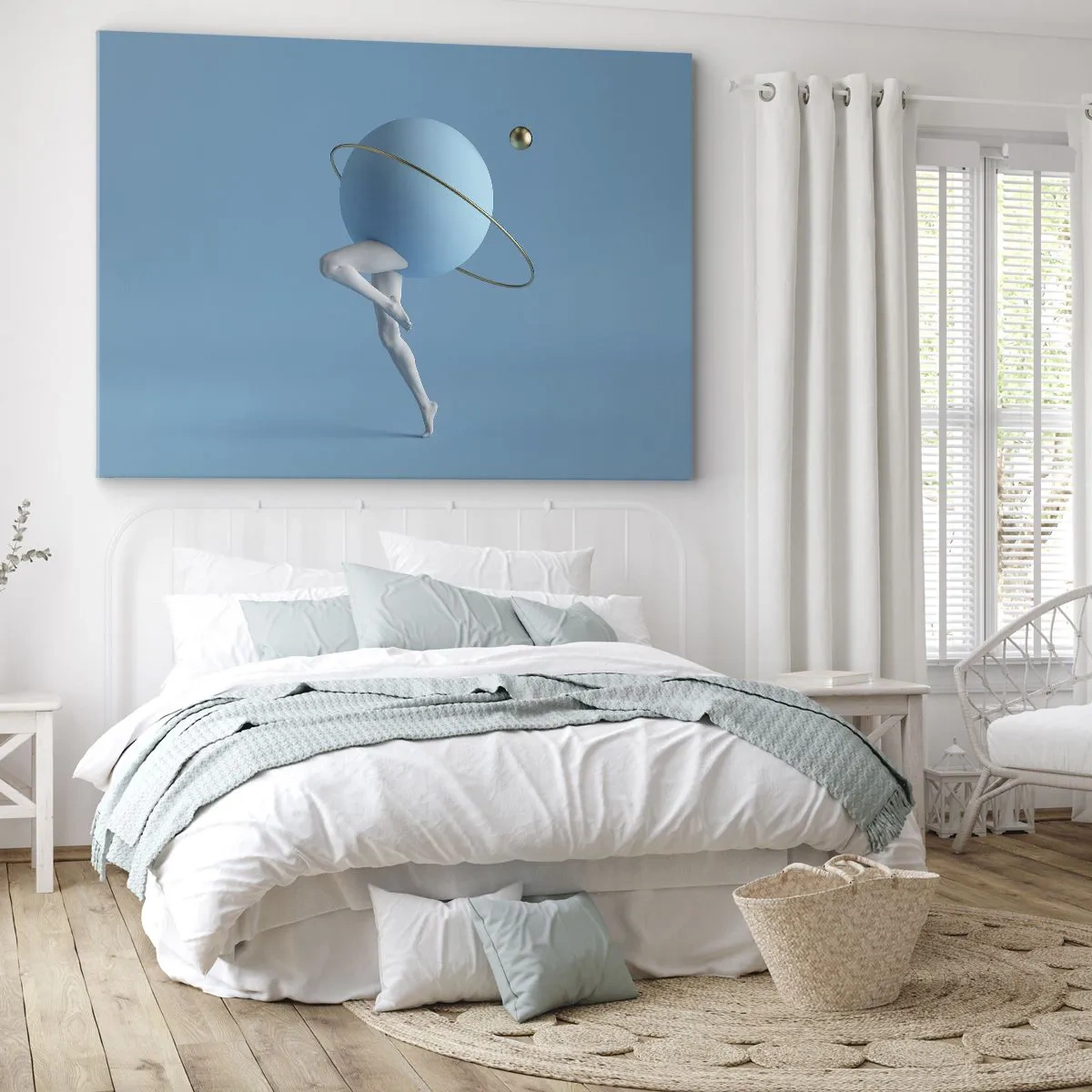 Obraz na plátne - Modrá guľa s obežnou dráhou a ľudskými nohami proti oblohe - 70x50cm - Šialenstvo planét - Moderná nástenná dekorácia do obývacej izby a spálne ARTTOR