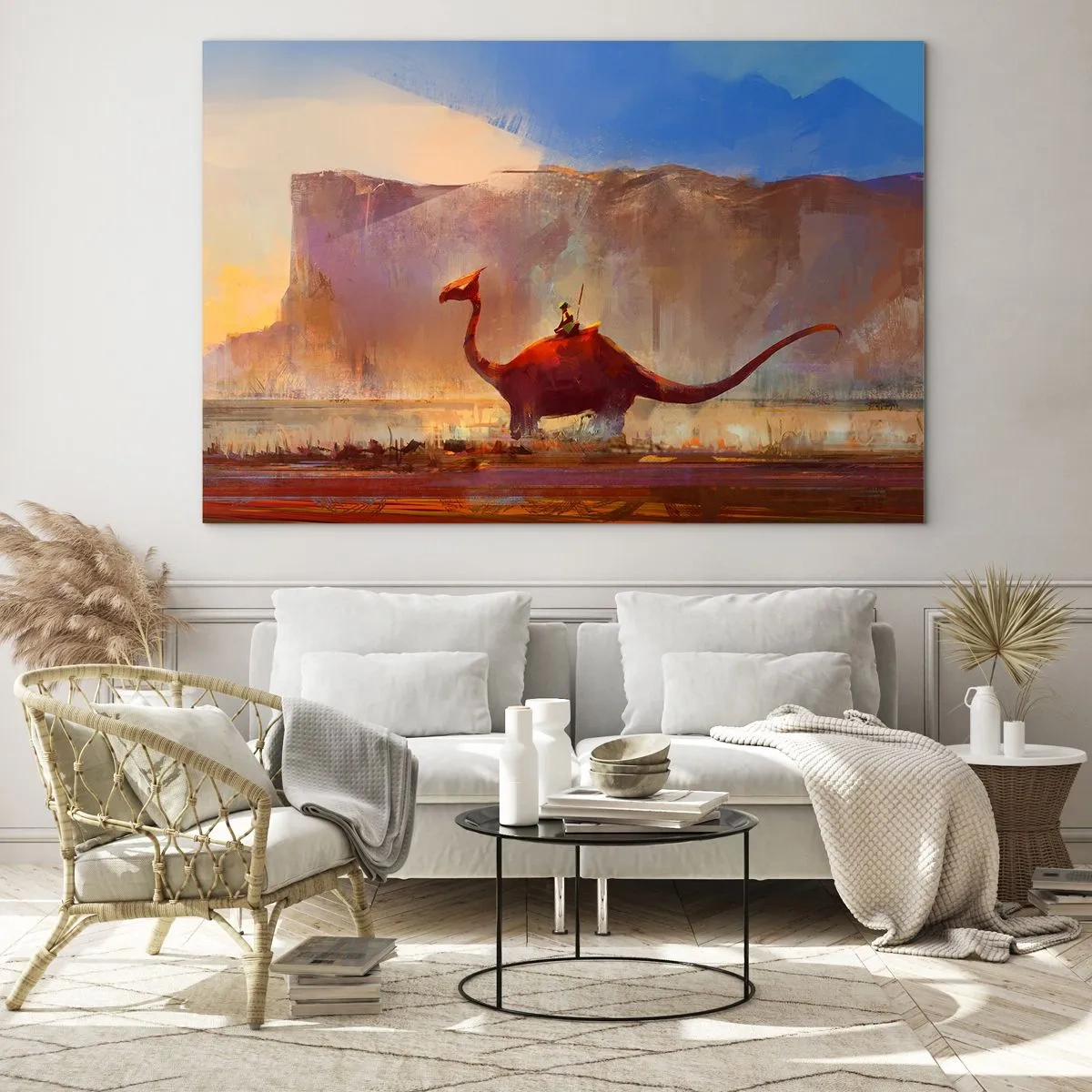 Obraz na skle - Fantastická krajina s jazdcom na prehistorickom stvorení - 70x50cm - Keby nevyhynuli - Moderná nástenná dekorácia do obývacej izby a spálne ARTTOR
