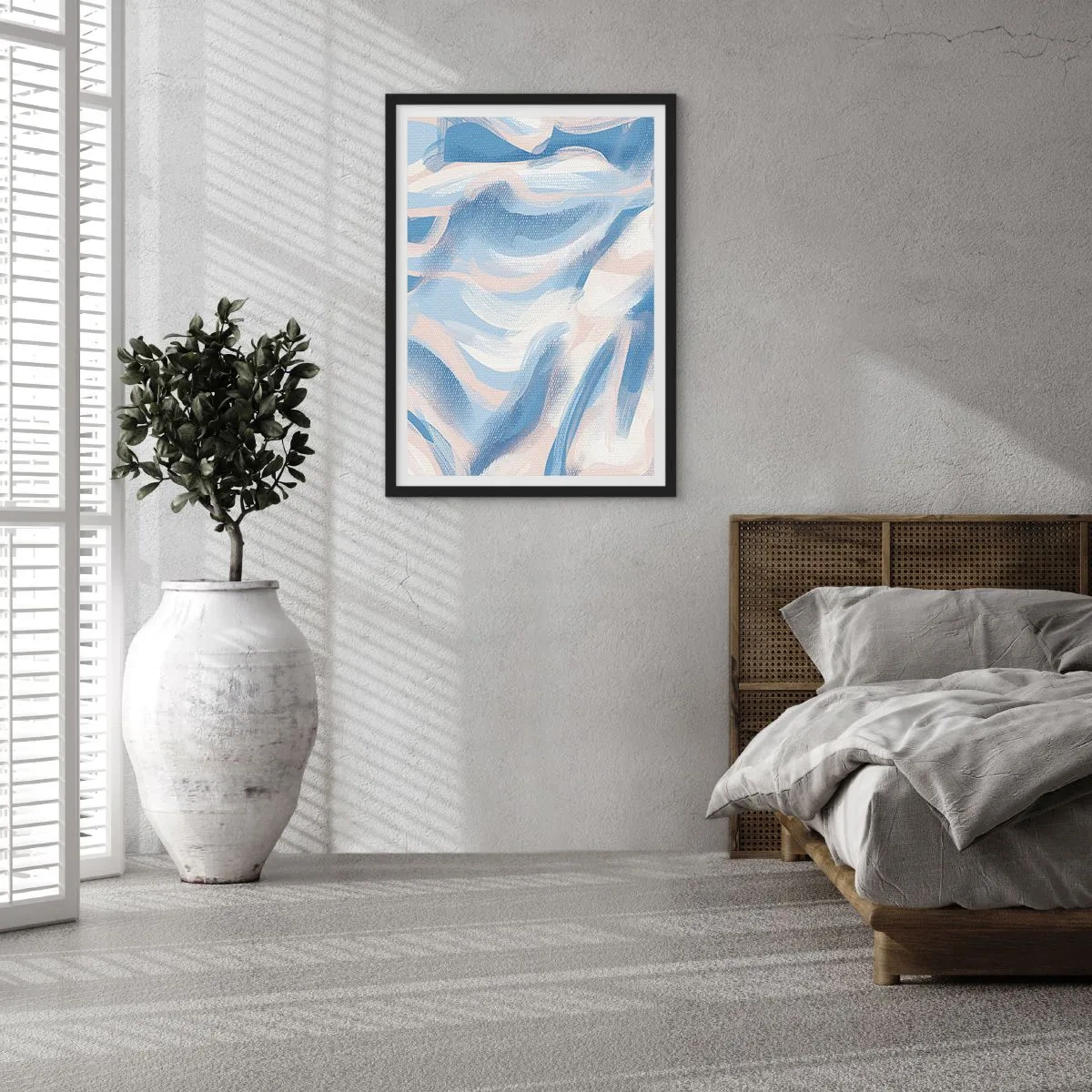 Plagát v čiernom ráme - Abstraktná vlna v odtieňoch modrej a béžovej - 50x70cm - Modré kolísanie - Moderná nástenná dekorácia do obývacej izby a spálne ARTTOR