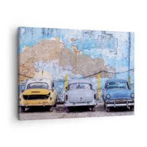 Obraz na plátne - Staré autá na pozadí zničenej steny - 70x50cm - Stretnutie veteránov - Moderná nástenná dekorácia do obývacej izby a spálne ARTTOR