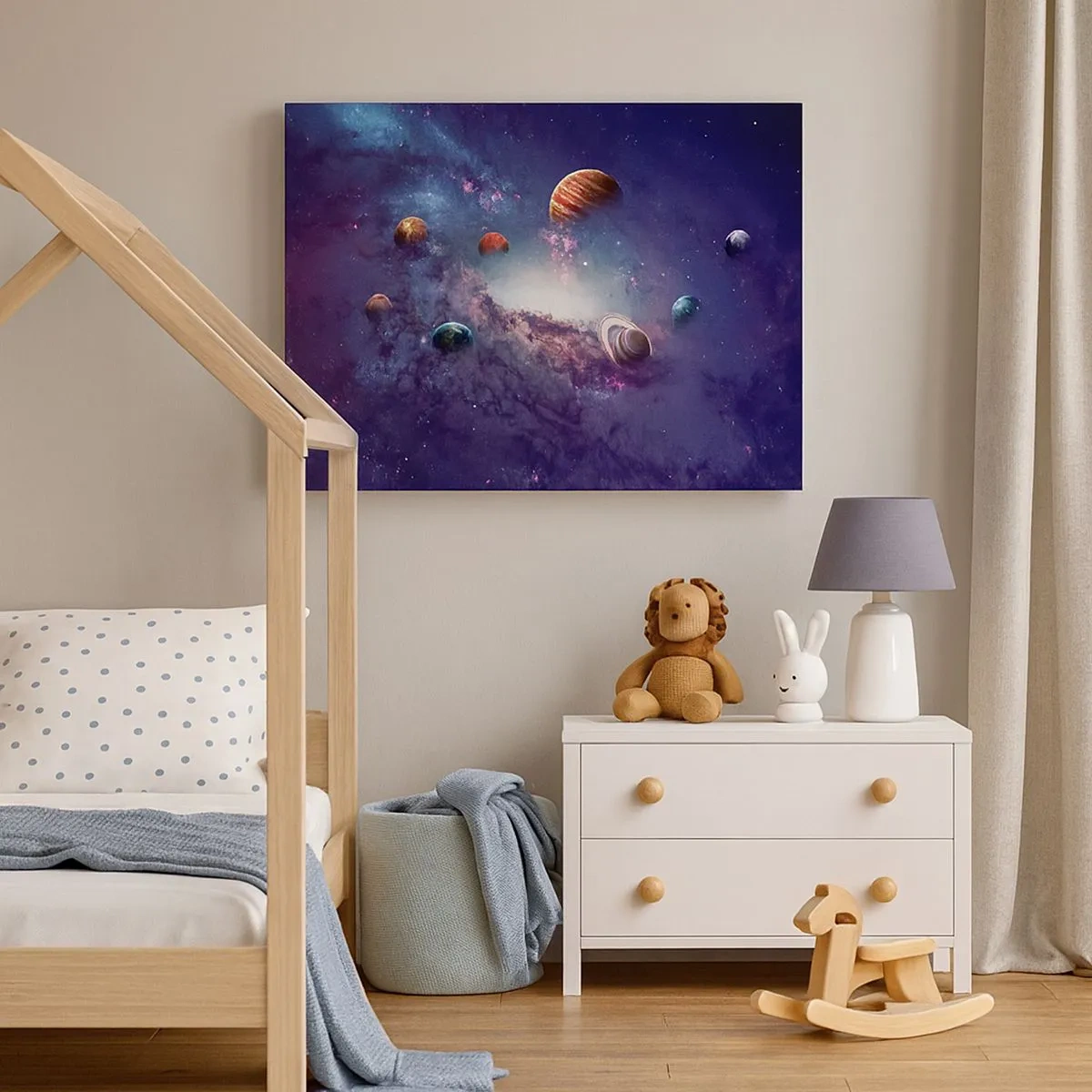 Obraz na plátne - Planéty v galaxii s hmlovinou v pozadí - 70x50cm - Slnko a tanec - Moderná nástenná dekorácia do obývacej izby a spálne ARTTOR