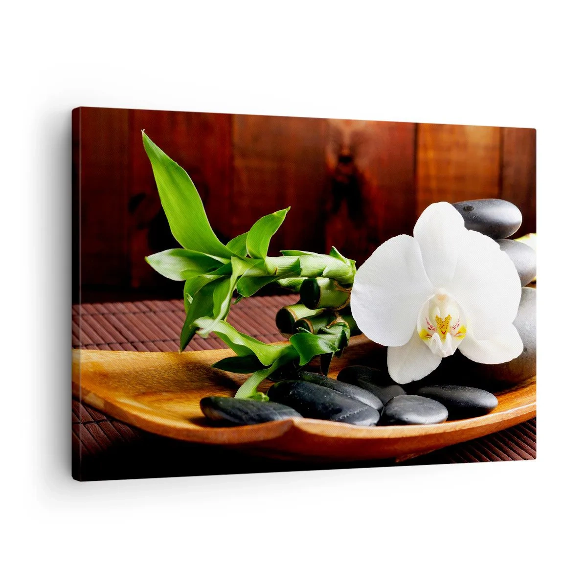 Obraz na plátne - Biela orchidea s bambusom na kamennom pozadí v zenovom štýle - 70x50cm - Oddajte sa dotyku prírody - Moderná nástenná dekorácia do obývacej izby a spálne ARTTOR
