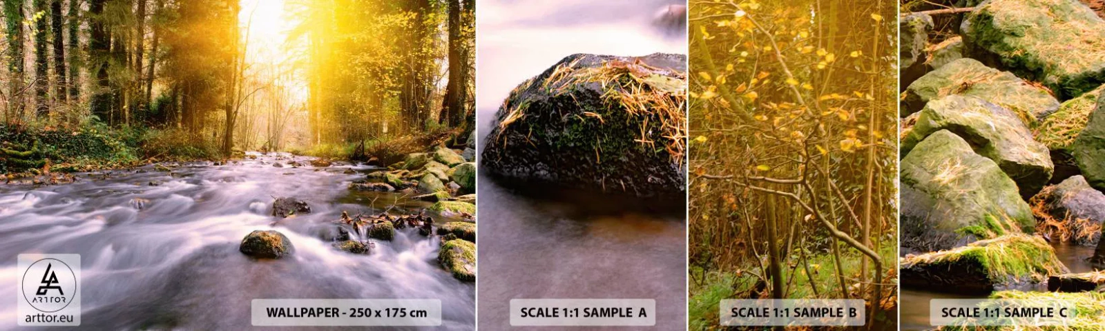 Vzorka samolepiacej fototapety Deluxe Sticker - Malachit v strieborno-zlatej podobe - Krajina, Horský potok, les - 100x30 cm