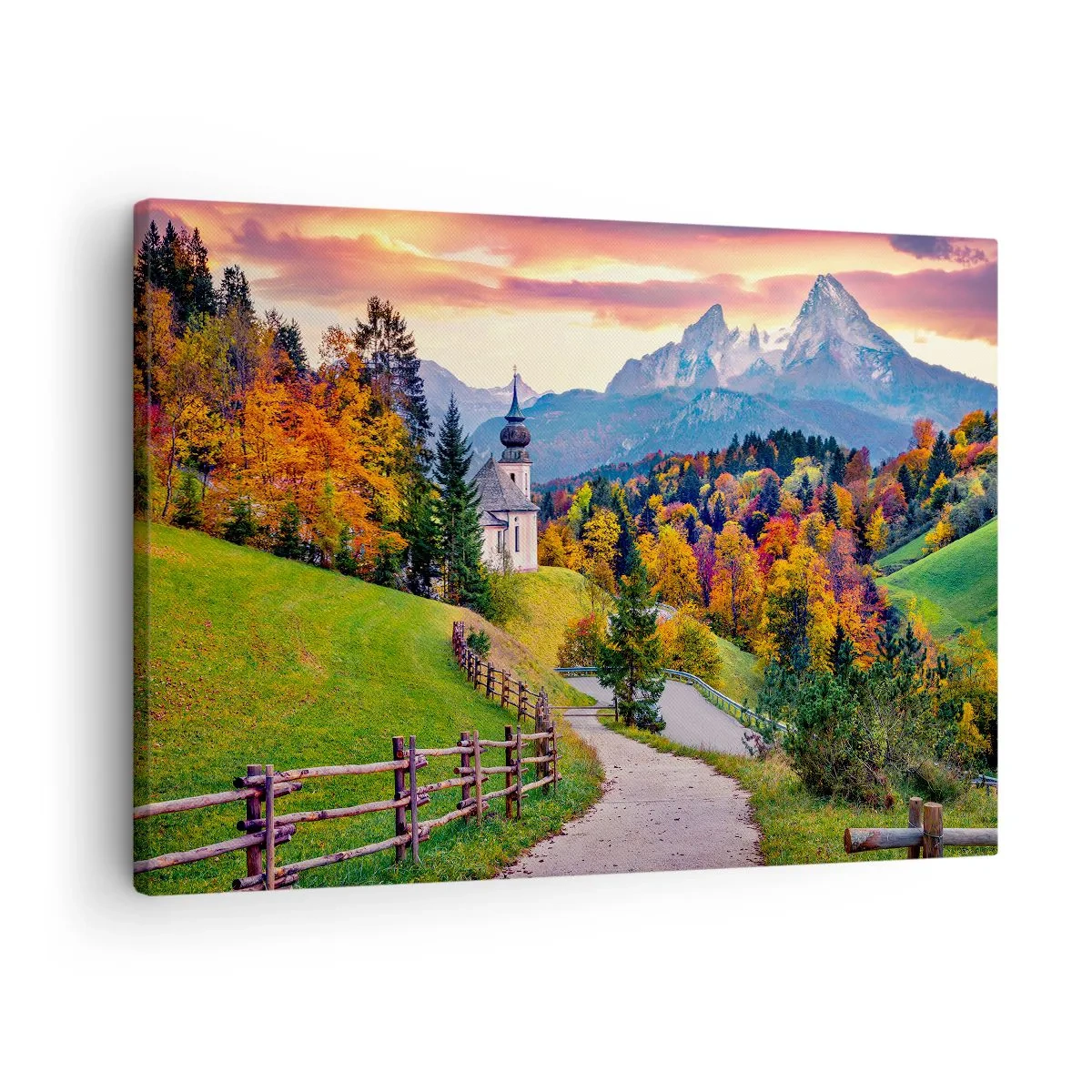Obraz na plátne - Jesenná horská scenéria s kaplnkou a západom slnka - 70x50cm - Úplne ideálna krajina - Moderná nástenná dekorácia do obývacej izby a spálne ARTTOR