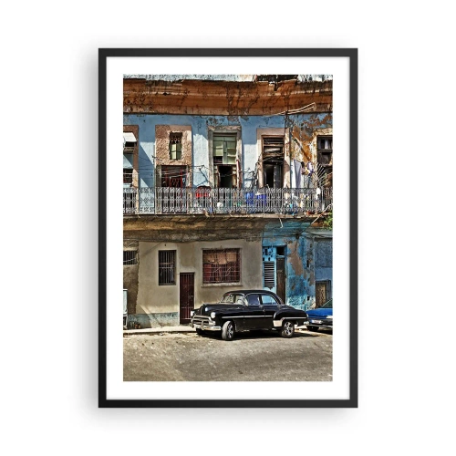 Plagát v čiernom ráme - Starý činžiakový dom s klasickým autom - 50x70cm - Havajský nádych - Moderná nástenná dekorácia do obývacej izby a spálne ARTTOR