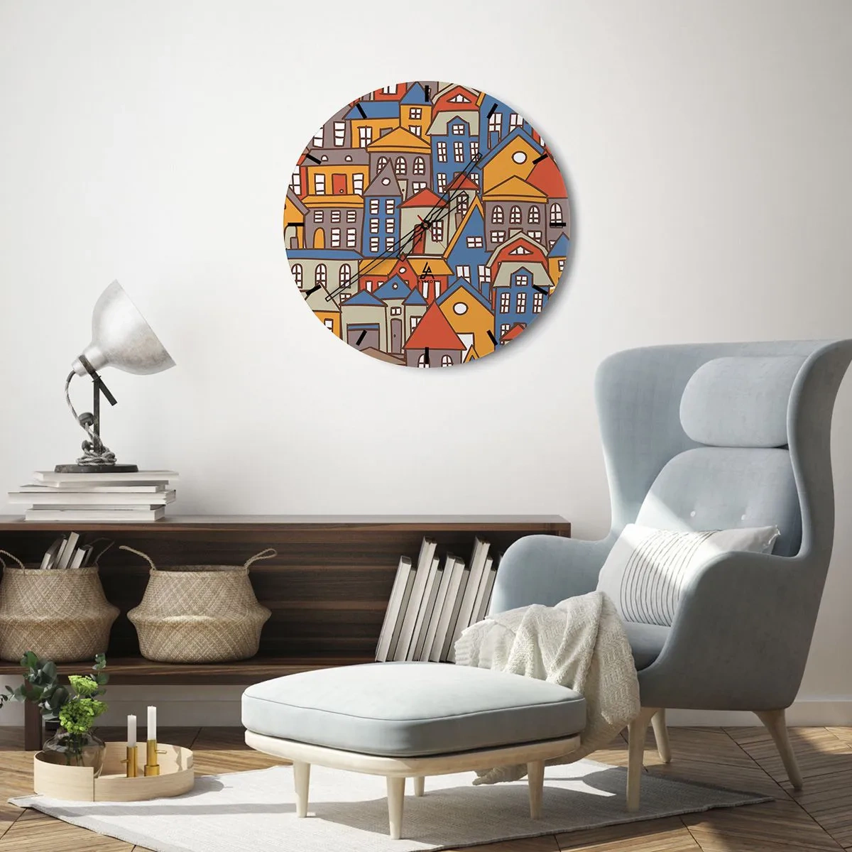 Nástenné hodiny - Farebné budovy v grafickom štýle - 30x30cm - Za domom dom - Moderná nástenná dekorácia do obývacej izby, kuchyne a spálne ARTTOR