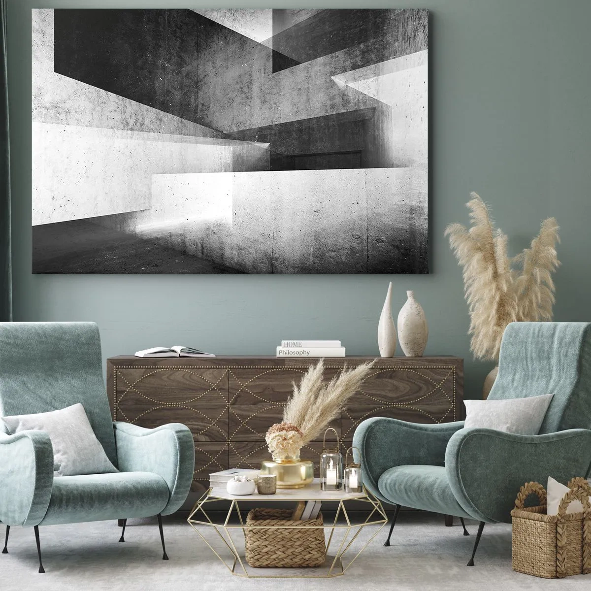 Obraz na plátne - Geometrické tvary v monochromatickej kompozícii - 70x50cm - Štruktúra priestoru - Moderná nástenná dekorácia do obývacej izby a spálne ARTTOR