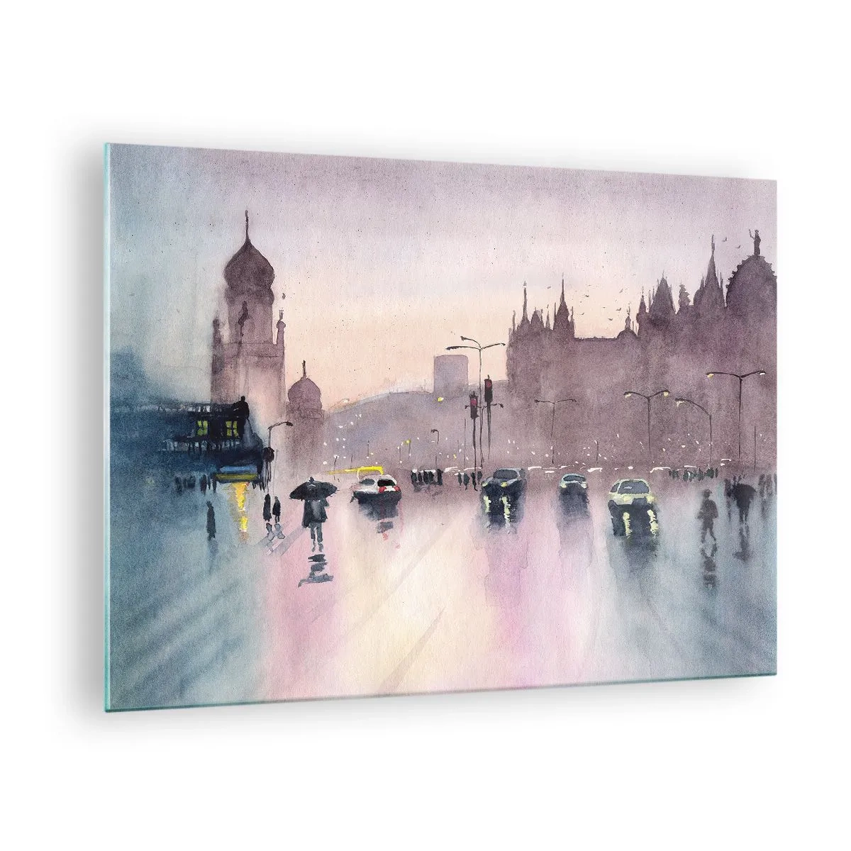 Obraz na skle - Daždivá panoráma mesta - 70x50cm - V daždivom opare - Moderná nástenná dekorácia do obývacej izby a spálne ARTTOR
