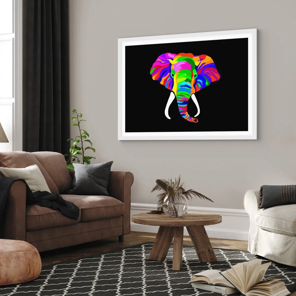 Plagát v bielom ráme - Slon, ktorý sa rád kúpal v dúhe - 91x61 cm