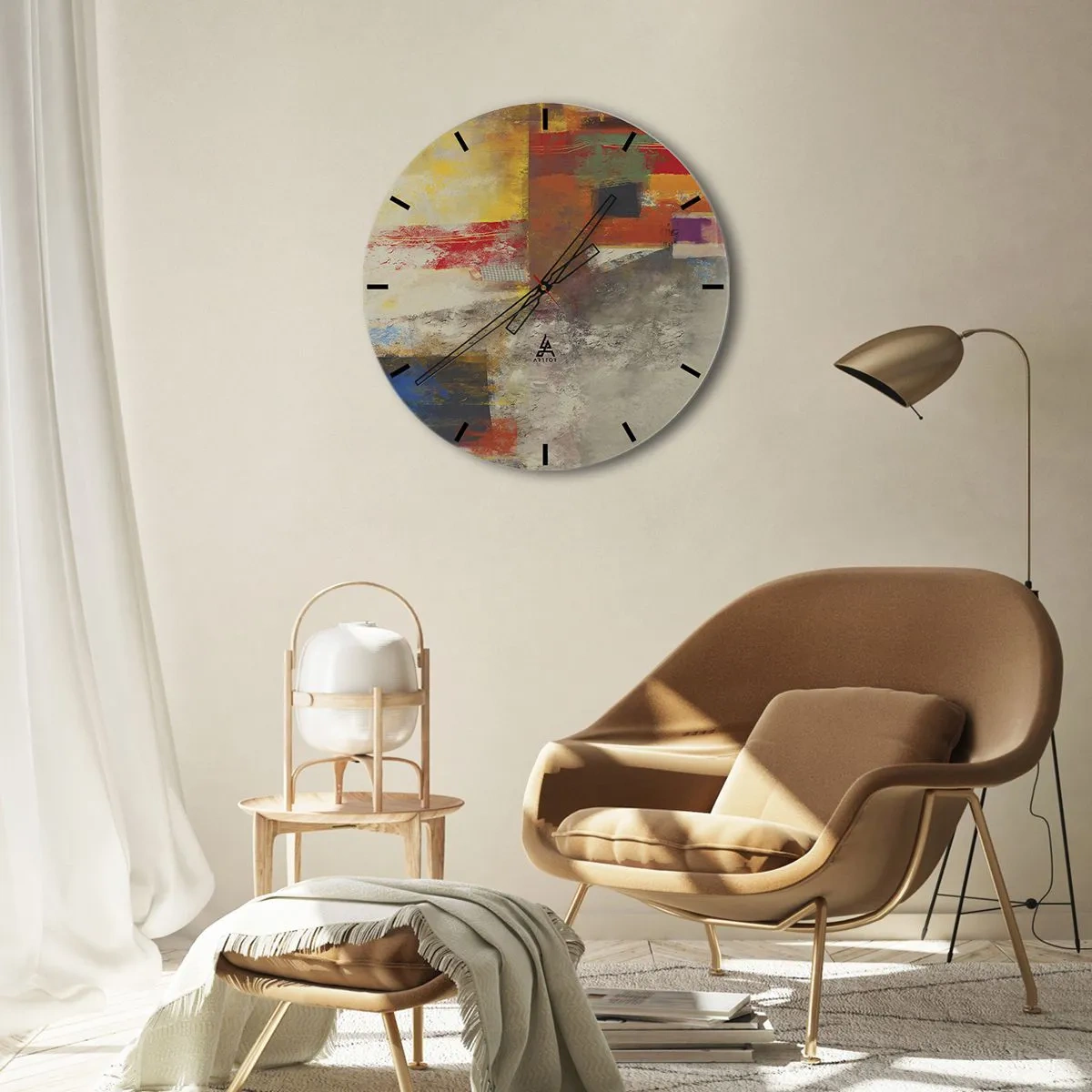 Nástenné hodiny - Farebná abstrakcia s geometrickými prvkami - 30x30cm - Geometria farieb - Moderná nástenná dekorácia do obývacej izby, kuchyne a spálne ARTTOR