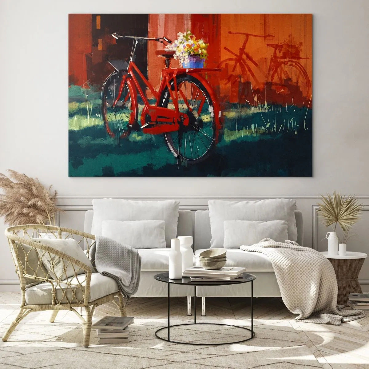 Obraz na skle - Červený bicykel s kvetmi pred červenou budovou - 70x50cm - I want to ride my bicycle - Moderná nástenná dekorácia do obývacej izby a spálne ARTTOR