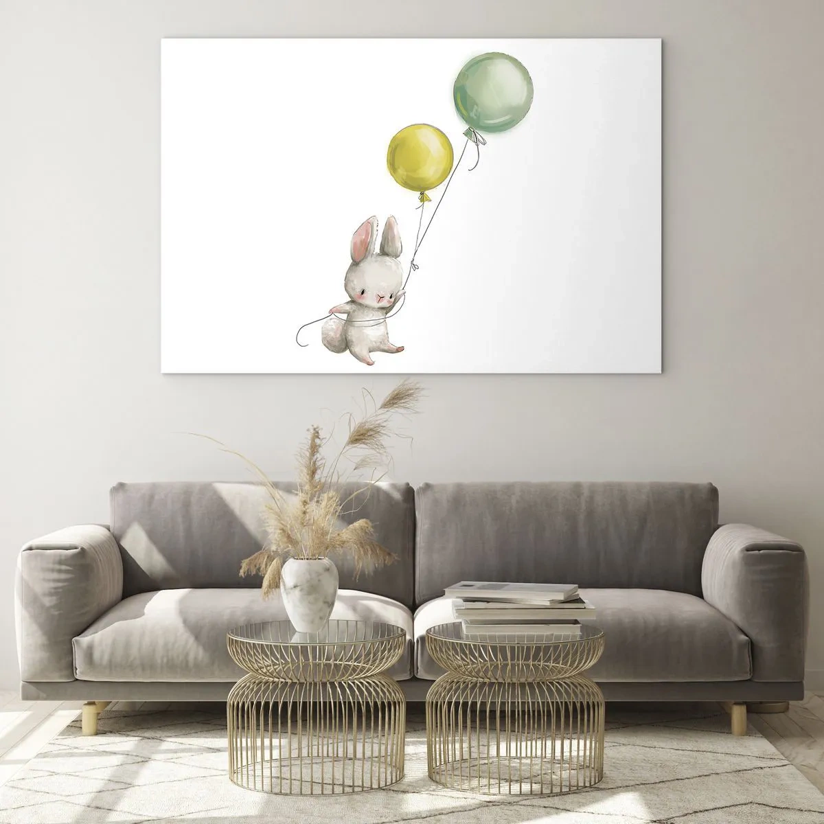 Obraz na skle - Zajačik drží dva balóny - 70x50cm - Poletím aj ja! - Moderná nástenná dekorácia do obývacej izby a spálne ARTTOR