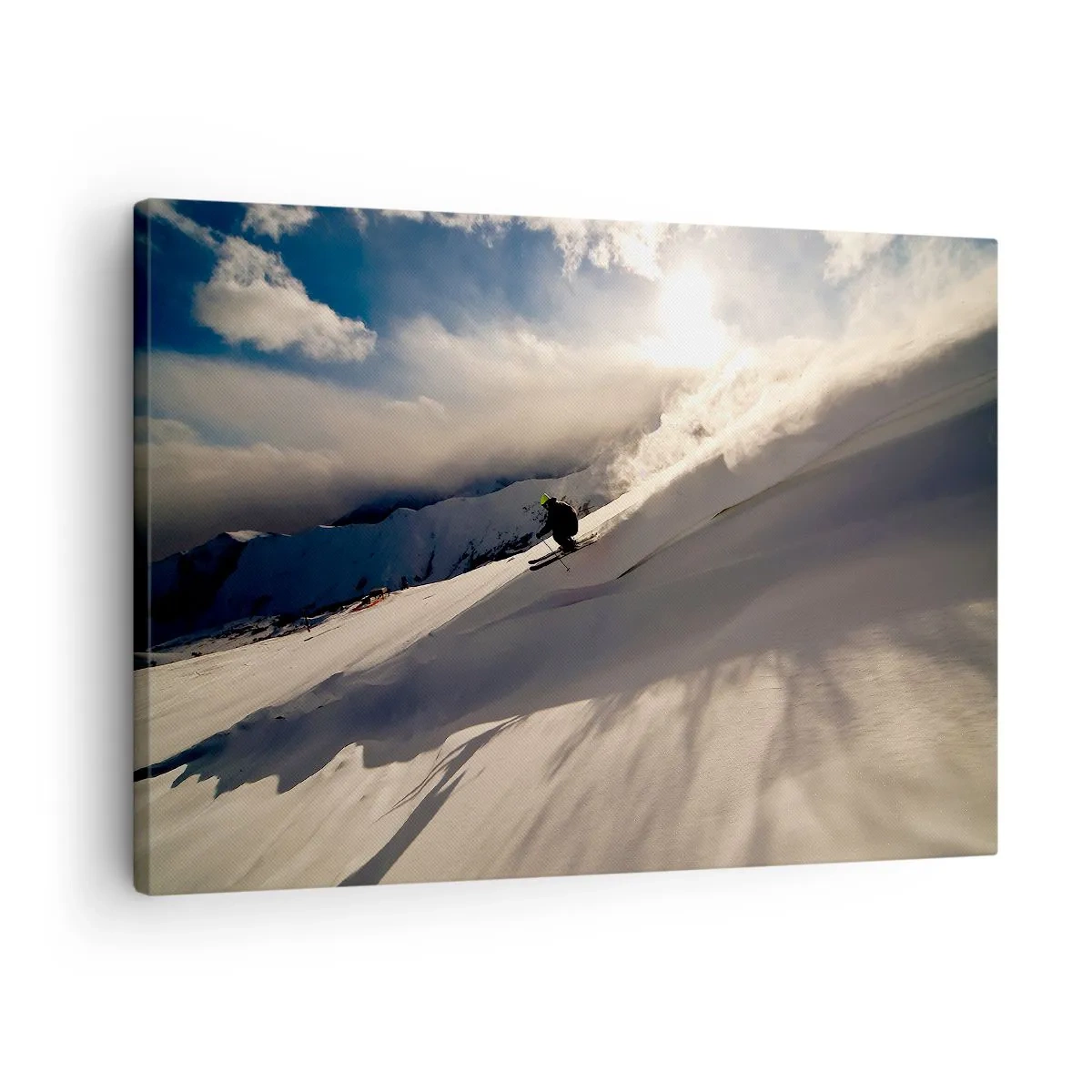 Obraz na plátne - Lyžiar na svahu obklopenom horami a snehom - 70x50cm - Prijatá výzva hôr - Moderná nástenná dekorácia do obývacej izby a spálne ARTTOR