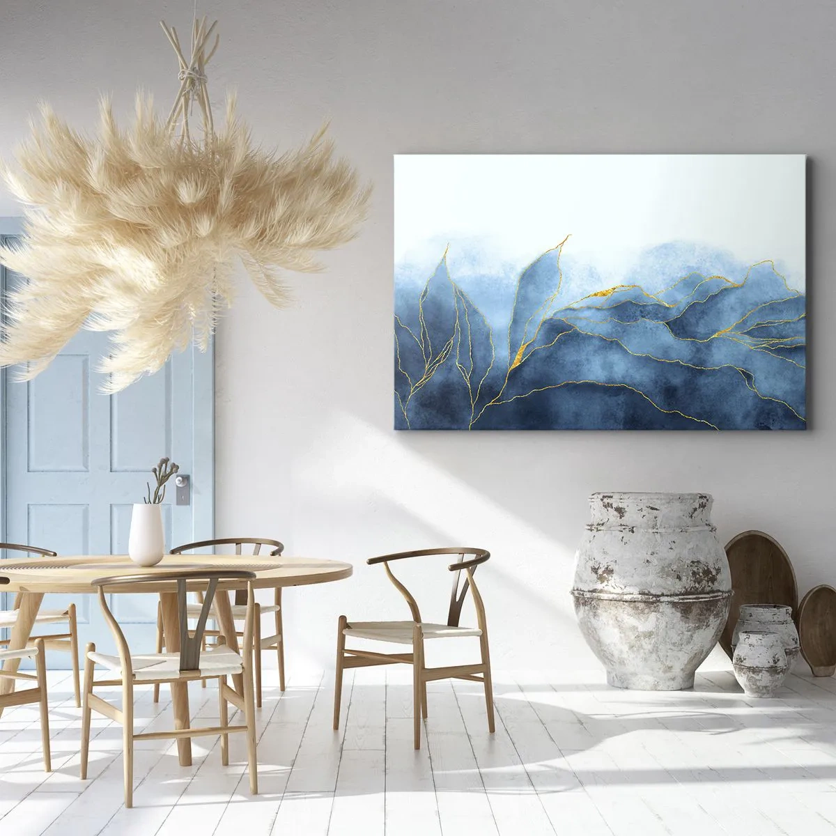 Obraz na plátne - Abstraktné vlny v odtieňoch modrej so zlatými akcentmi - 70x50cm - Blankyt v zlate - Moderná nástenná dekorácia do obývacej izby a spálne ARTTOR