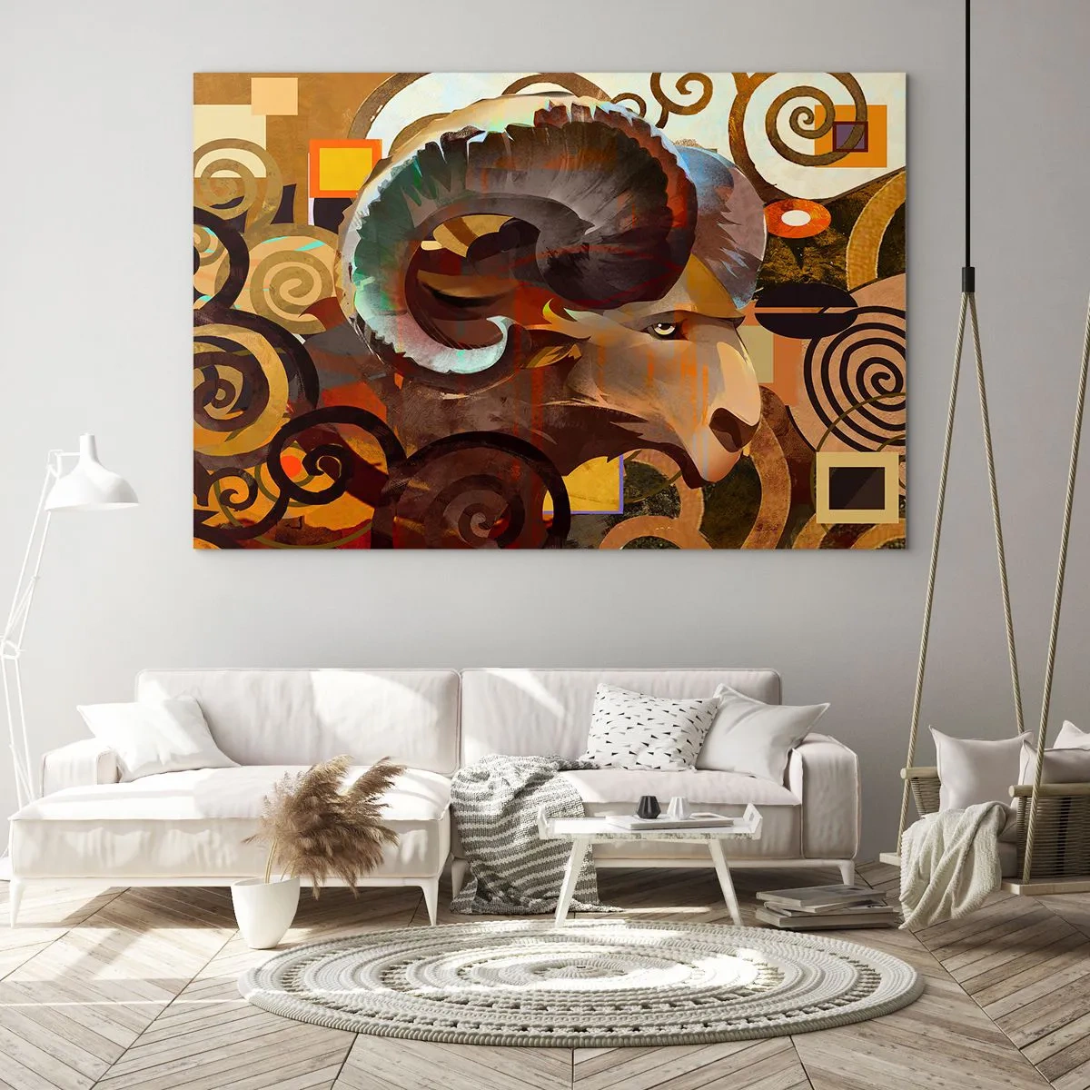 Obraz na skle - Umelecký obraz barana v geometrickej a špirálovej kompozícii. - 70x50cm - Mágia - náboženstvo - rituály - Moderná nástenná dekorácia do obývacej izby a spálne ARTTOR
