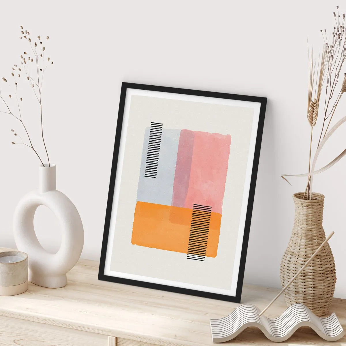 Plagát v čiernom ráme - Geometrické tvary v pastelových farbách s čiarovými akcentmi - 50x70cm - Z rohu do rohu - Moderná nástenná dekorácia do obývacej izby a spálne ARTTOR