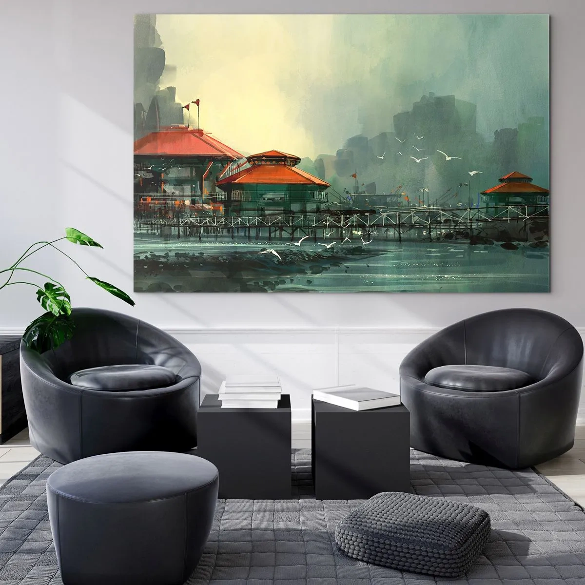 Obraz na skle - Prístavné budovy s červenými strechami na pozadí hmly - 70x50cm - Slnečný deň v prístave - Moderná nástenná dekorácia do obývacej izby a spálne ARTTOR
