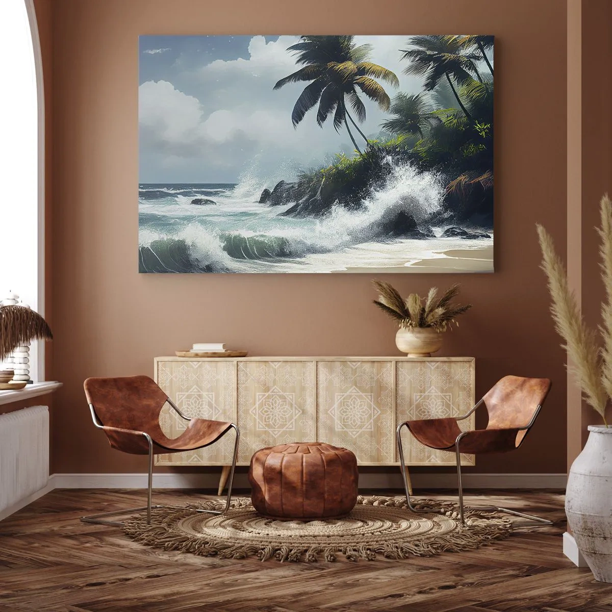 Obraz na plátne - Tropické pobrežie s palmami a rozbúreným morom - 70x50cm - Na tropickom pobreží - Moderná nástenná dekorácia do obývacej izby a spálne ARTTOR