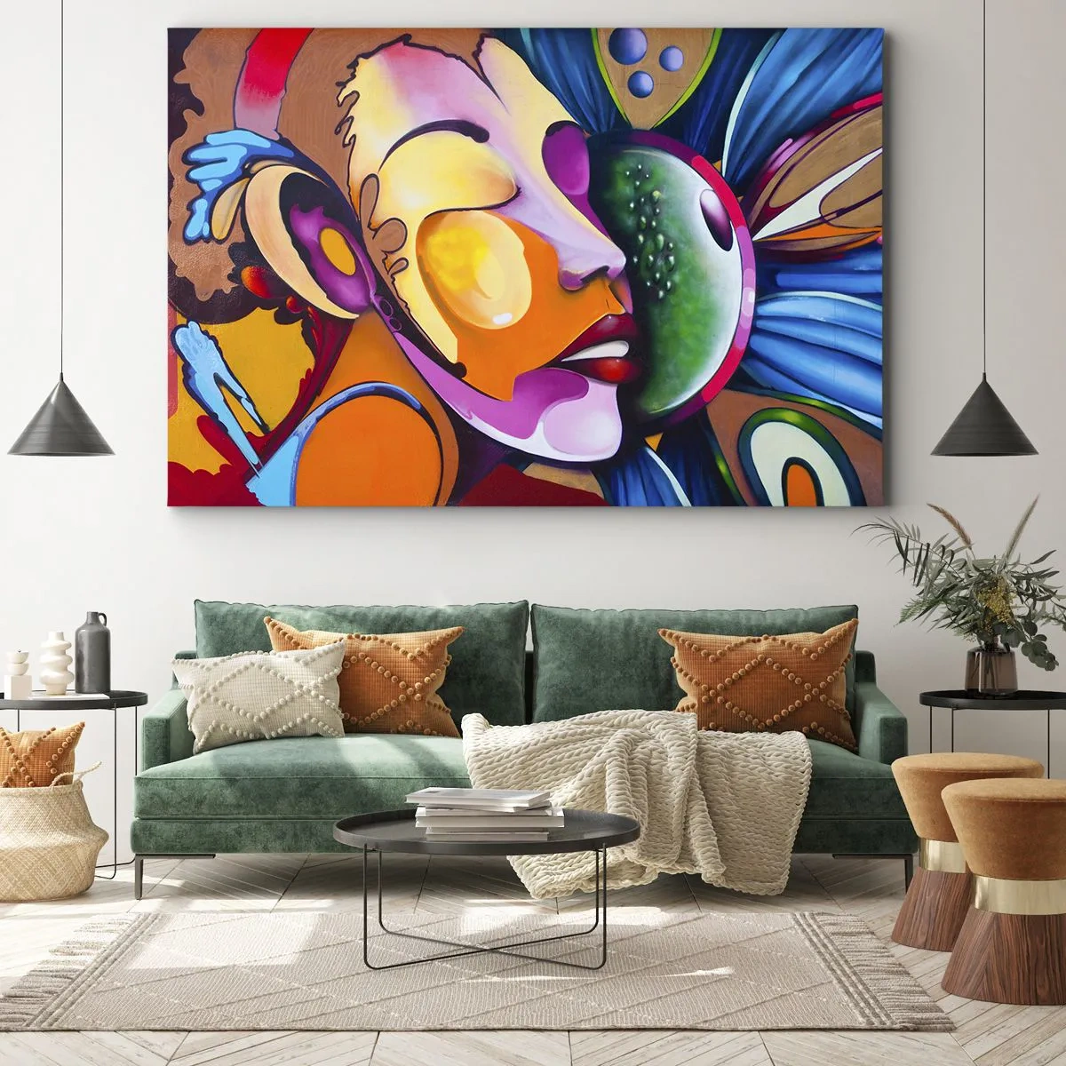 Obraz na plátne - Farebná abstrakcia s motívom tváre v dynamickej kompozícii - 70x50cm - Dotknúť sa farbou - Moderná nástenná dekorácia do obývacej izby a spálne ARTTOR