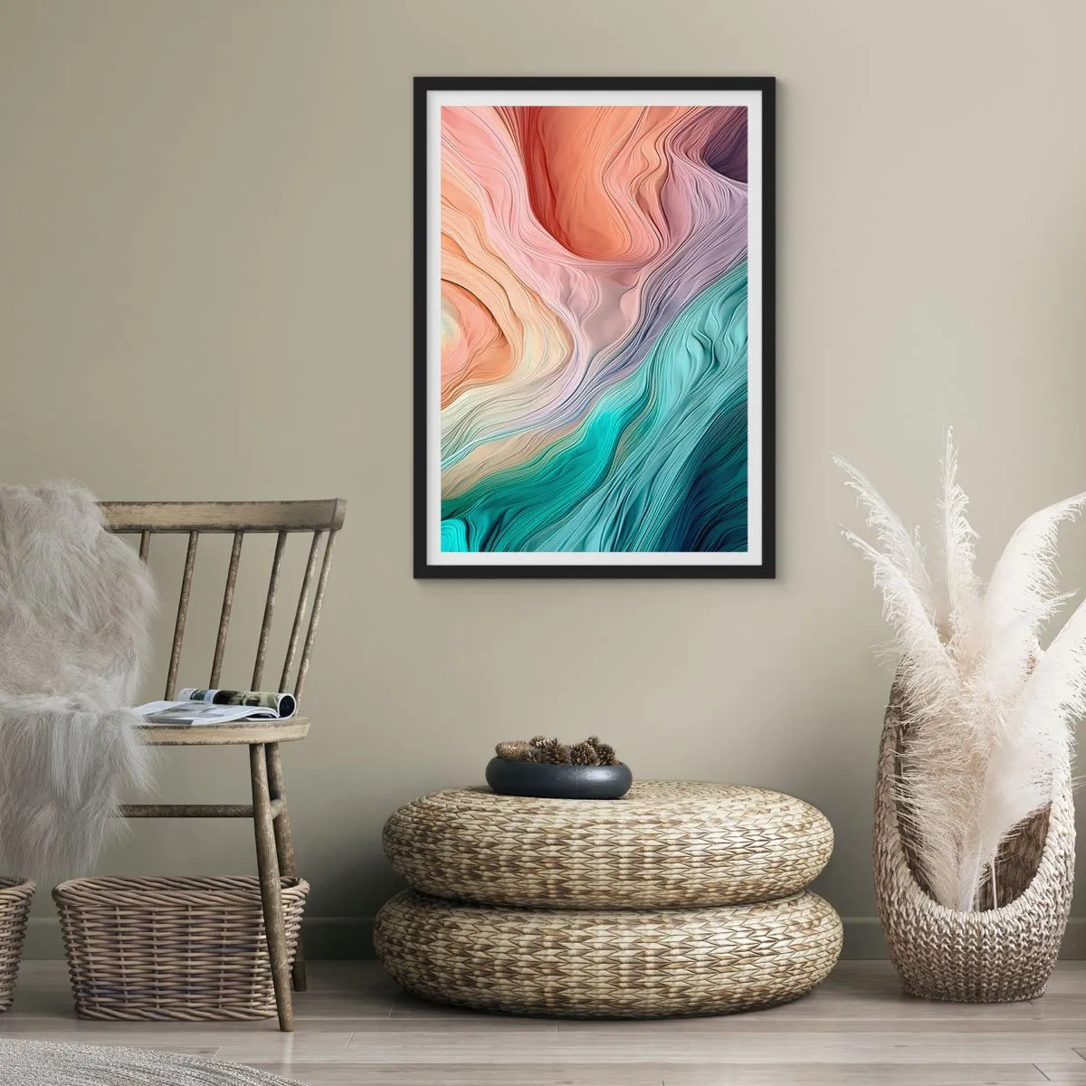 Plagát v čiernom ráme - Abstraktná kompozícia vlnovkových čiar v pastelových farbách. - 50x70cm - Dúhová vlna - Moderná nástenná dekorácia do obývacej izby a spálne ARTTOR
