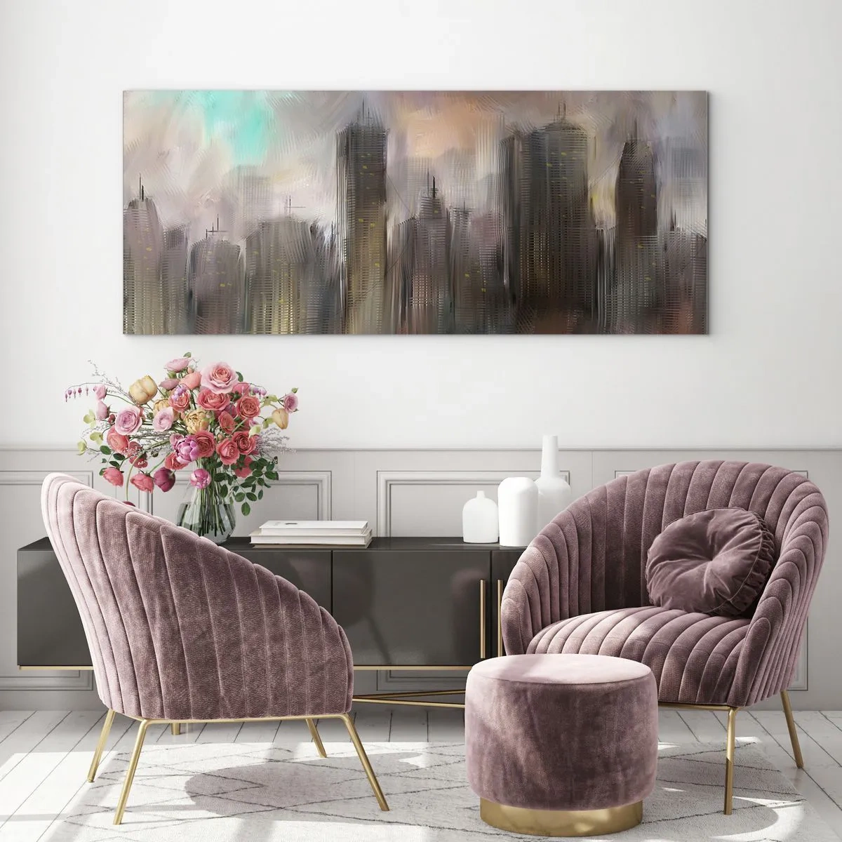 Obraz na skle - Kompozícia z ocele, kameňa a hmly - 100x40 cm