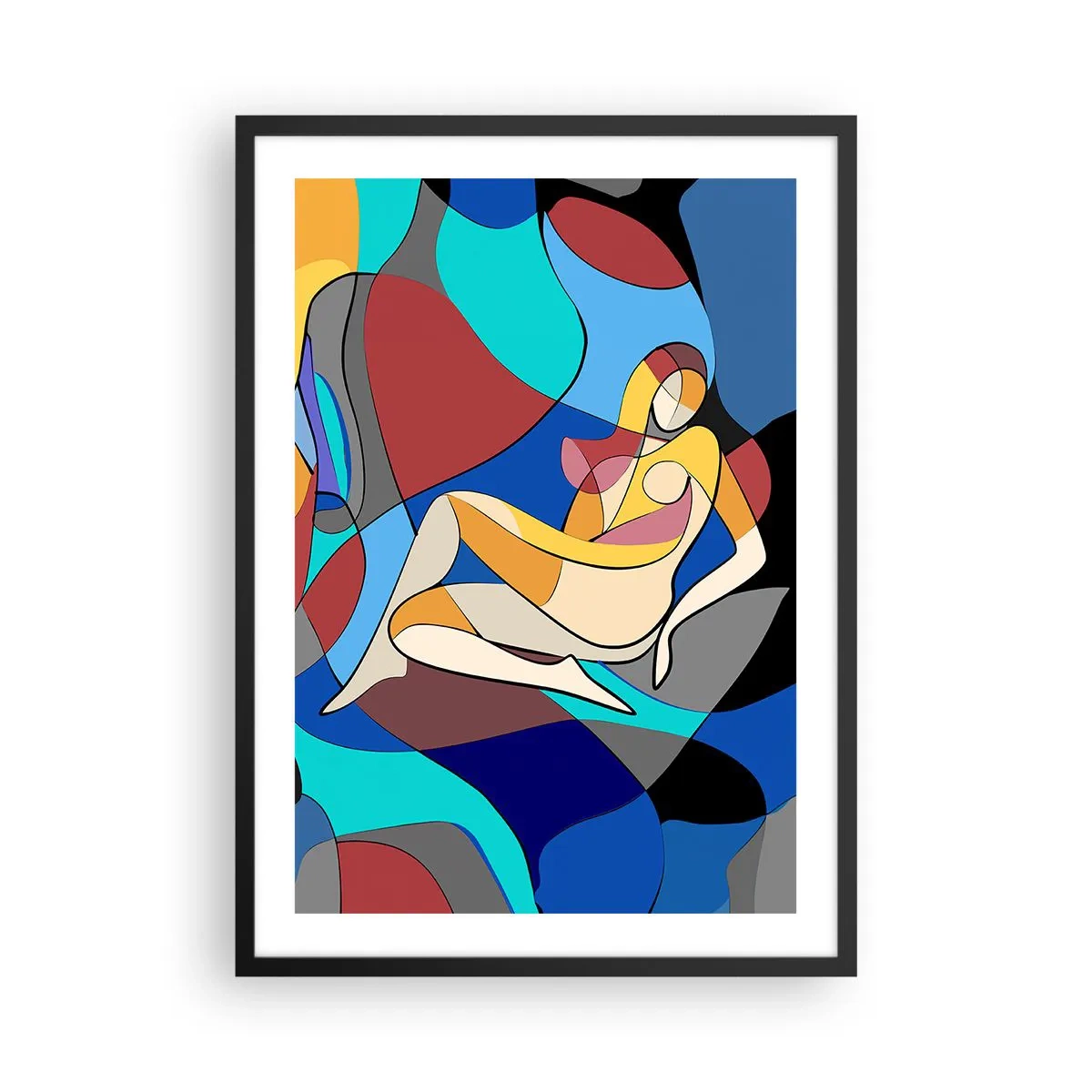 Plagát v čiernom ráme - Abstraktná silueta ženy v farebnej kompozícii - 50x70cm - Kubistický akt - Moderná nástenná dekorácia do obývacej izby a spálne ARTTOR
