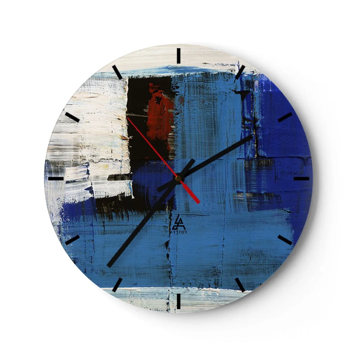 Nástenné hodiny - Moderná abstrakcia s dominantnou modrou a akcentmi červenej. - 30x30cm - Tajomstvo modrej - Moderná nástenná dekorácia do obývacej izby, kuchyne a spálne ARTTOR