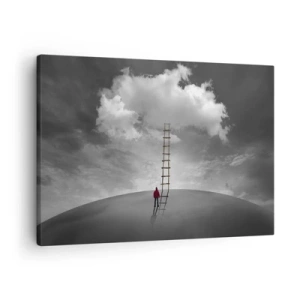 Obraz na plátne - Osoba v červenom kabáte a rebrík vedúci k oblaku - 70x50cm - Všetko je možné - Moderná nástenná dekorácia do obývacej izby a spálne ARTTOR