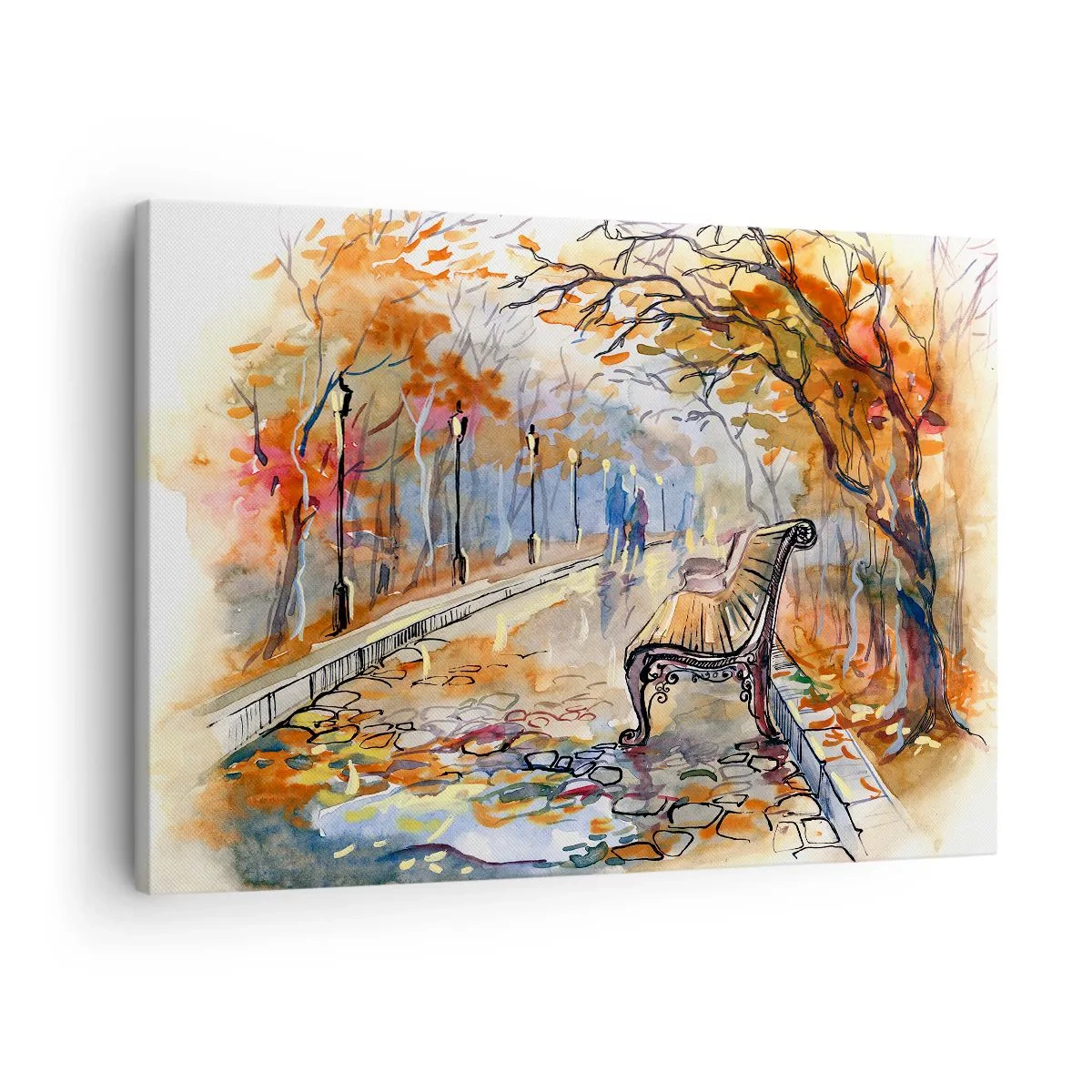 Obraz na plátne - Jesenný park s lavičkou v akvareloch - 70x50cm - Spoločne putovať jeseňou - Moderná nástenná dekorácia do obývacej izby a spálne ARTTOR