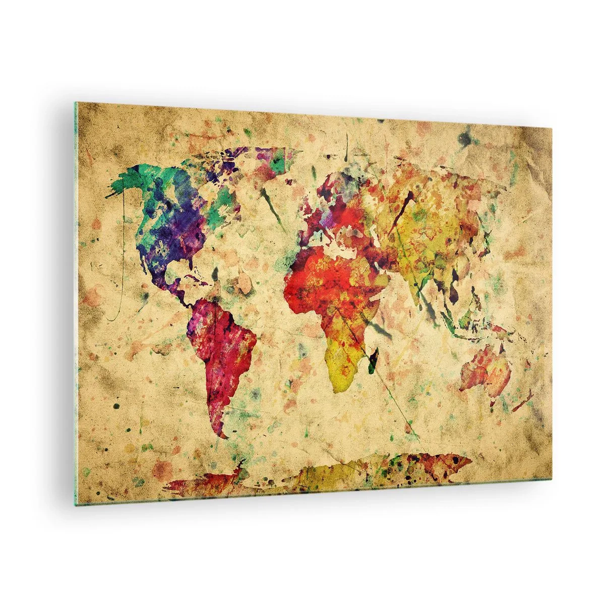 Obraz na skle - Farebná mapa sveta na textúrovanom, vintage pozadí - 70x50cm - Život je farebný ako papier mapy - Moderná nástenná dekorácia do obývacej izby a spálne ARTTOR