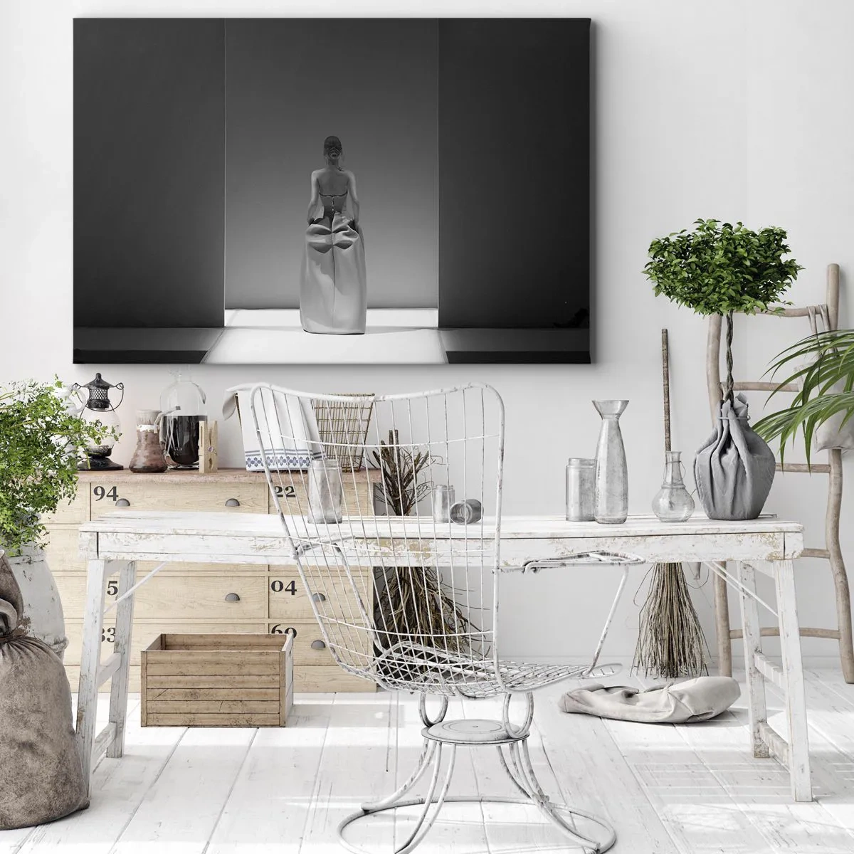 Obraz na plátne - Čiernobiela maľba s minimalistickým výjavom ženy v geometrickom priestore. - 70x50cm - Rafinovaná jednoduchosť - Moderná nástenná dekorácia do obývacej izby a spálne ARTTOR