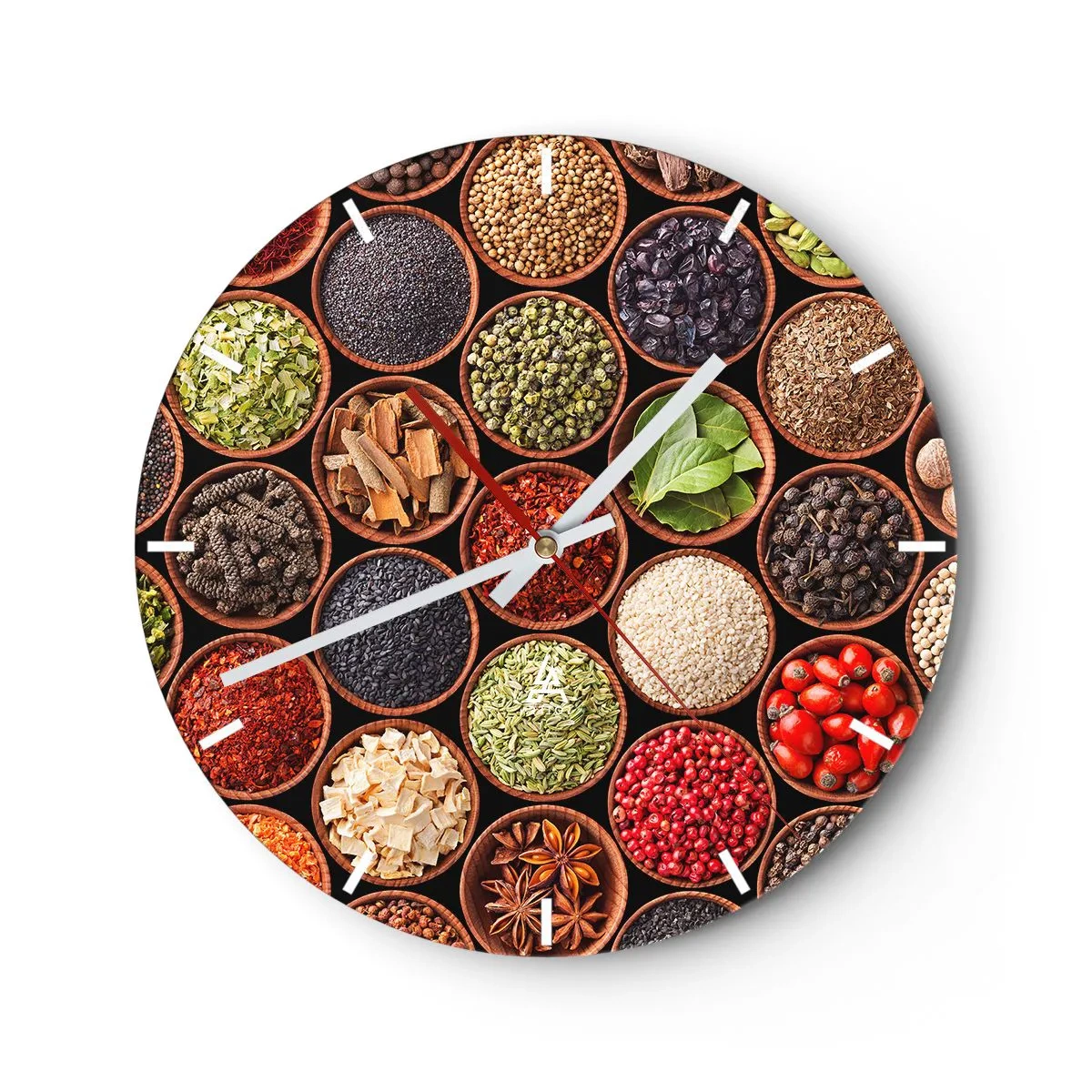 Nástenné hodiny - Ciferník hodín s farebným motívom korenín a bylín v drevených miskách. - 30x30cm - Všetky chute sveta - Moderná nástenná dekorácia do obývacej izby, kuchyne a spálne ARTTOR