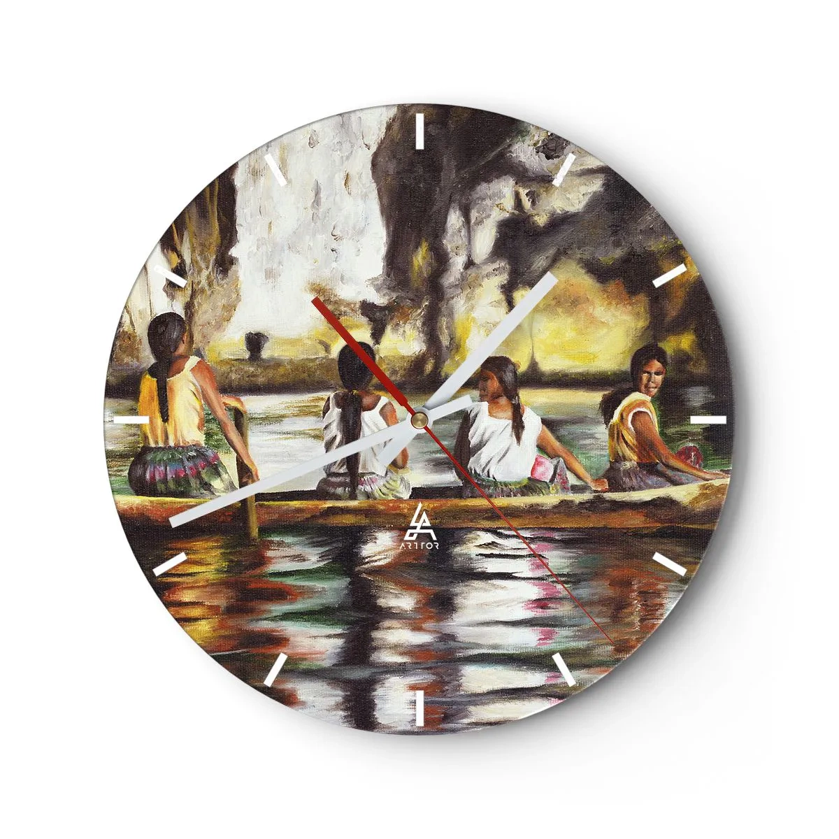 Nástenné hodiny - Ženy na lodi v tropickej krajine s vodou a skalami - 30x30cm - V polynézskom raji - Moderná nástenná dekorácia do obývacej izby, kuchyne a spálne ARTTOR