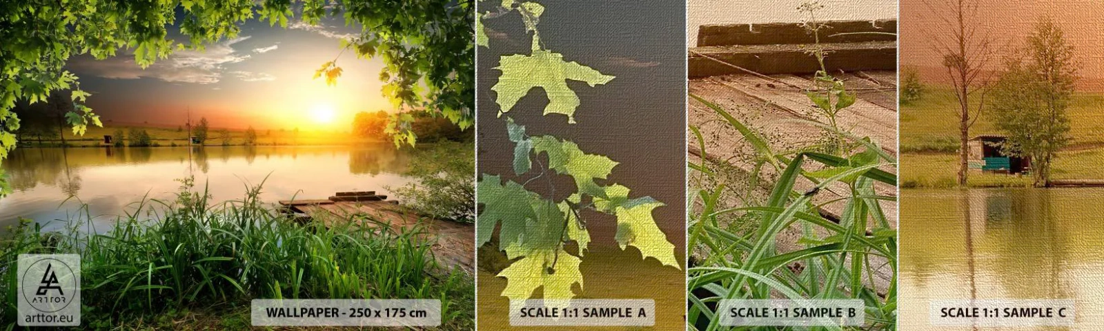 Vzorka fototapety Premium Canvas - Krajina v zelenom ráme - Krajina, Jazero, Drevený most - 100x30 cm