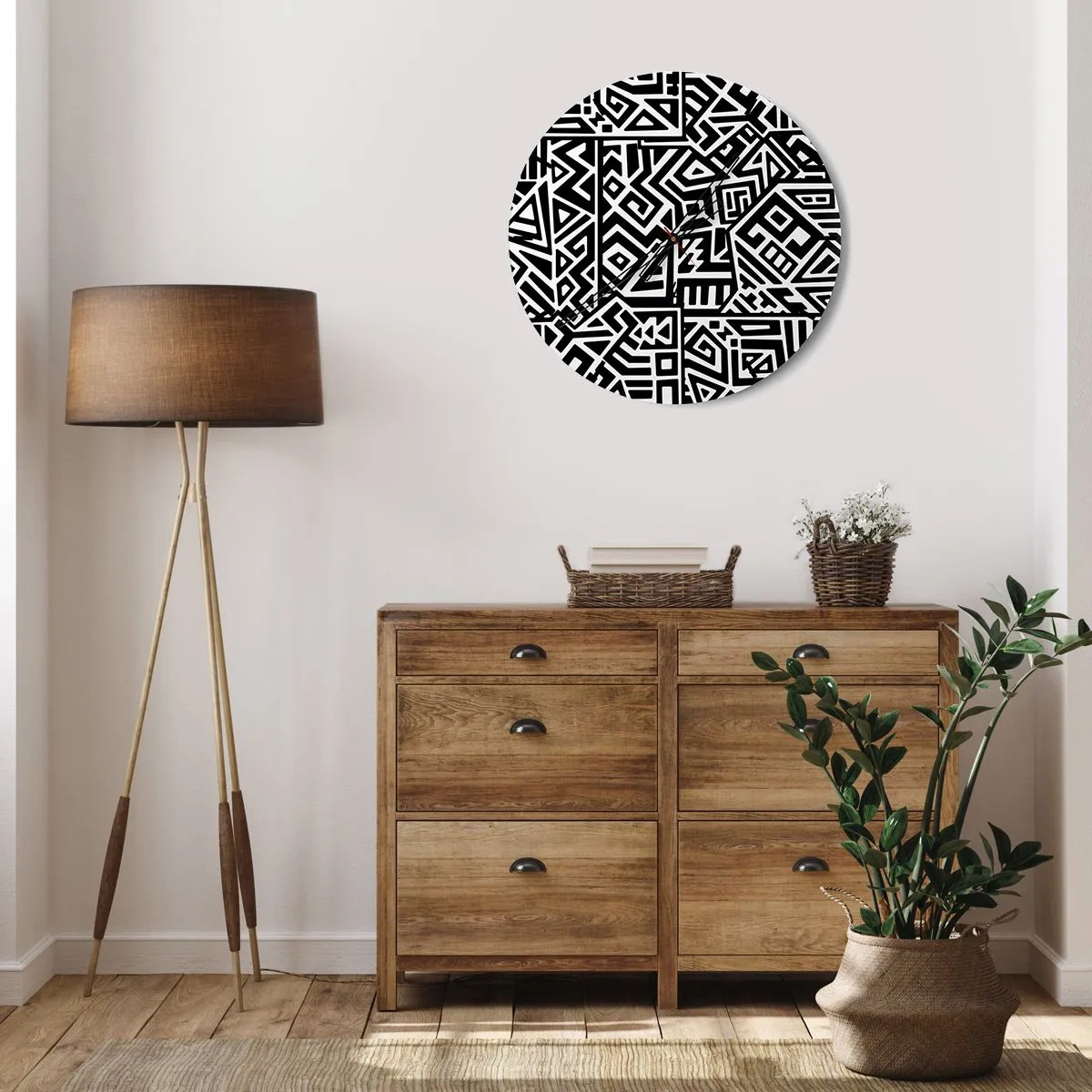 Nástenné hodiny - Čiernobiela kompozícia geometrických vzorov - 30x30cm - Predkolumbovská kompozícia - Moderná nástenná dekorácia do obývacej izby, kuchyne a spálne ARTTOR
