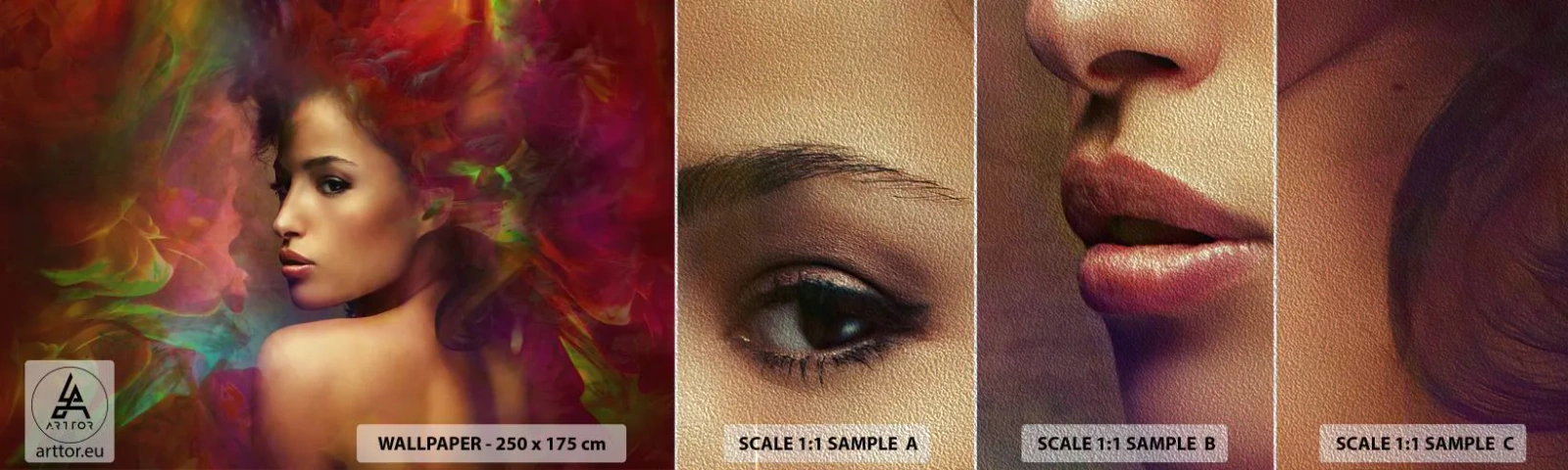 Vzorka fototapety Premium Sand - Krajšia ako dúha, jemnejšia ako hmla - Žena, Ženská tvár, Telo - 100x30 cm