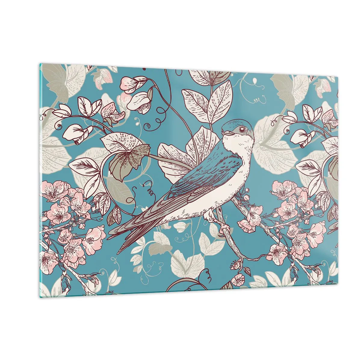 Obraz na skle - Na bielom strome vtáky a strieborné lístie - 120x80 cm