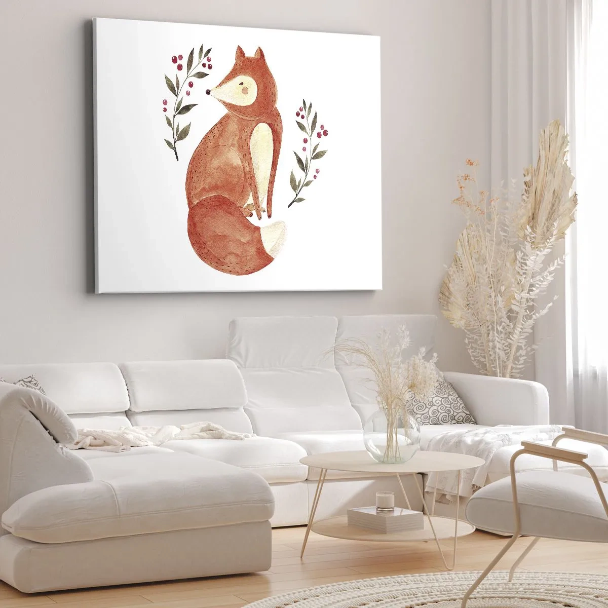Obraz na plátne - Akvarelová líška obklopená vetvičkami s bobuľami - 70x50cm - Malý hrdzavec - Moderná nástenná dekorácia do obývacej izby a spálne ARTTOR