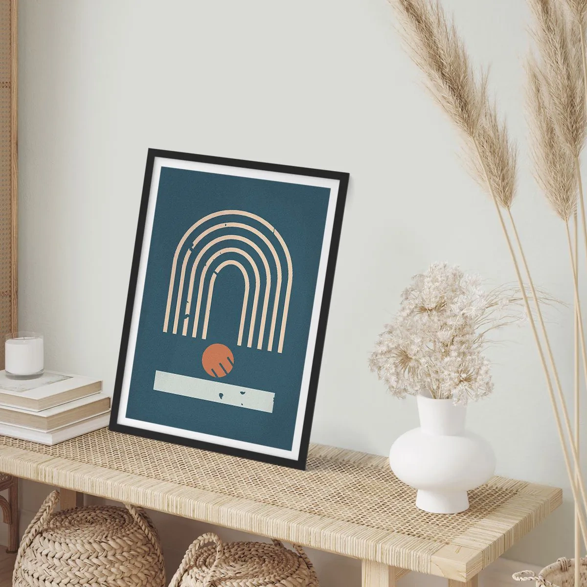 Plagát v čiernom ráme - Geometrické oblúky a guľa na tmavom pozadí - 50x70cm - Geometria v námorníckej modrej - Moderná nástenná dekorácia do obývacej izby a spálne ARTTOR