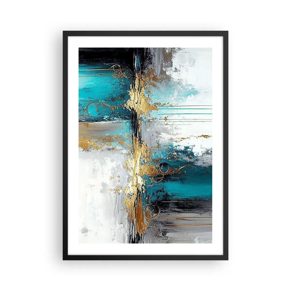 Plagát v čiernom ráme - Abstraktná kompozícia v odtieňoch tyrkysovej a zlatej. - 50x70cm - Všetko plynie - Moderná nástenná dekorácia do obývacej izby a spálne ARTTOR