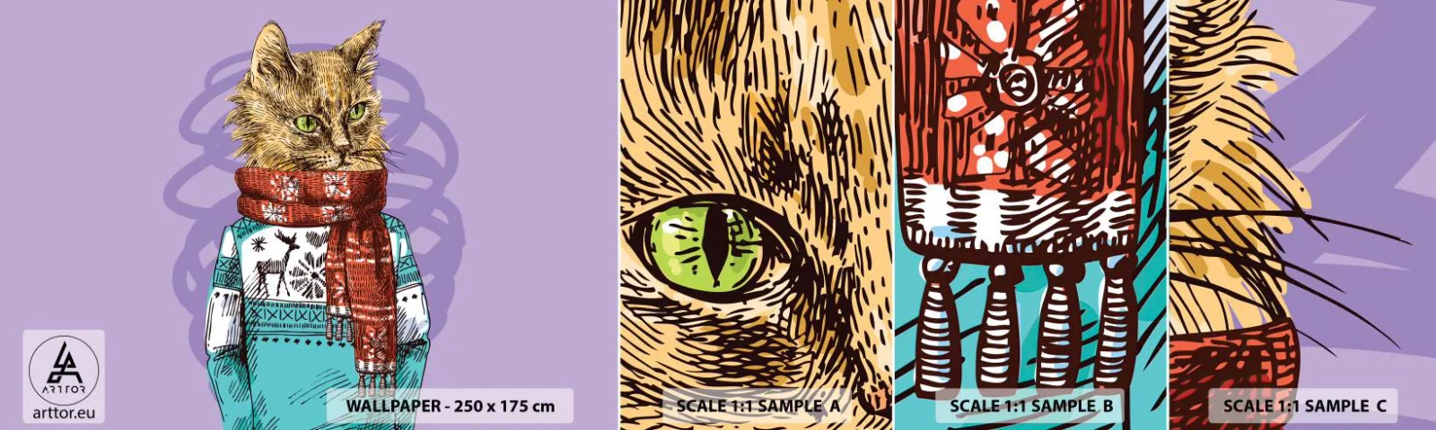 Vzorka samolepiacej fototapety Deluxe Sticker - Mačka nielen v topánkach - Abstrakcia, Cat, Vlnený sveter - 100x30 cm