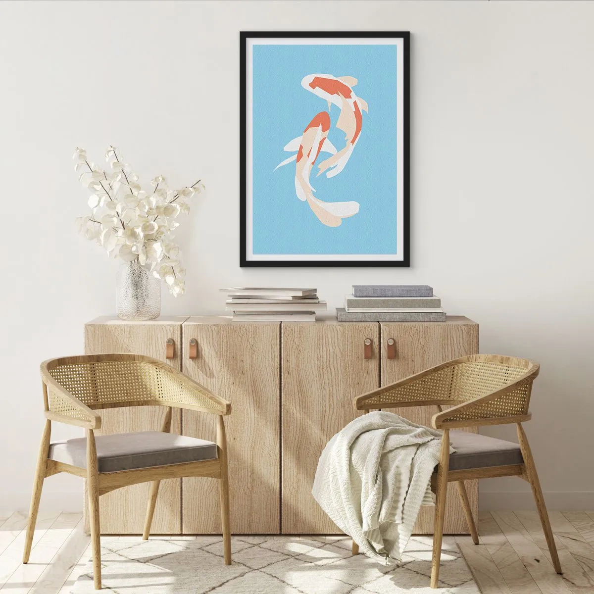 Plagát v čiernom ráme - Dve koi ryby plávajú v harmónii - 50x70cm - Spontánne synchronizované plávanie - Moderná nástenná dekorácia do obývacej izby a spálne ARTTOR