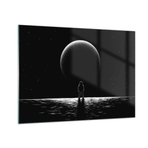 Obraz na skle - Astronaut stojaci pred planétou v čiernobielom prevedení - 70x50cm - Tvári v tvár - Moderná nástenná dekorácia do obývacej izby a spálne ARTTOR