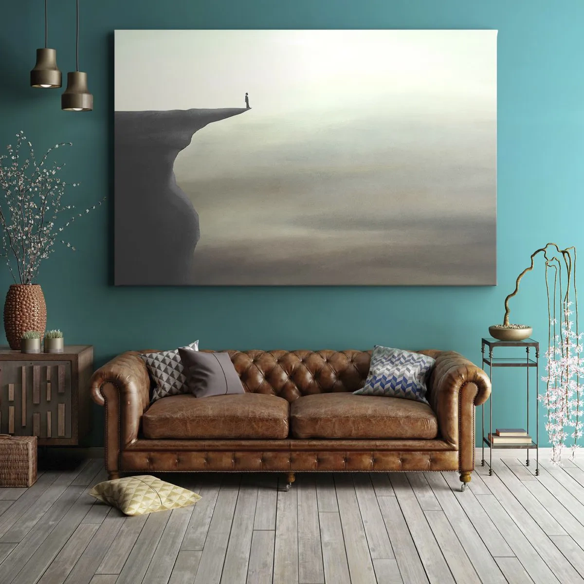 Obraz na plátne - Silueta postavy na okraji útesu v hmlistej krajine - 70x50cm - Hore, samozrejme! - Moderná nástenná dekorácia do obývacej izby a spálne ARTTOR