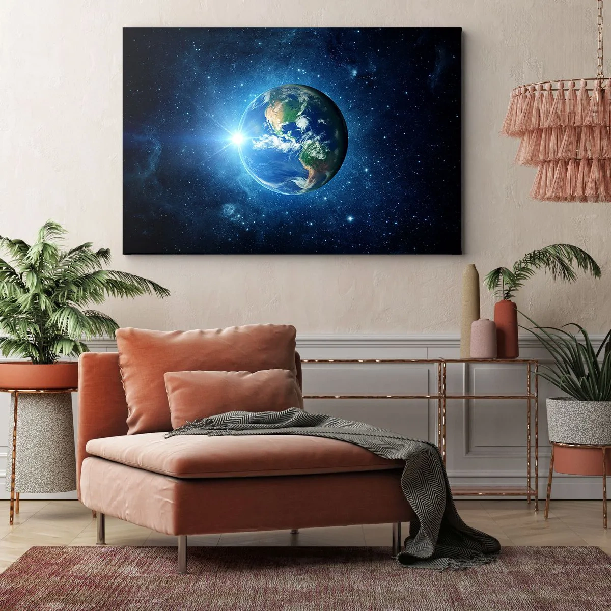 Obraz na plátne - Zem vo vesmíre obklopená hviezdami a svetlom - 70x50cm - Sme v nebi - Moderná nástenná dekorácia do obývacej izby a spálne ARTTOR